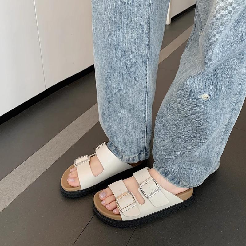 [Shei] Super version~ cowhide retro cork bottom thick bottom buckle with slippers women's sandals