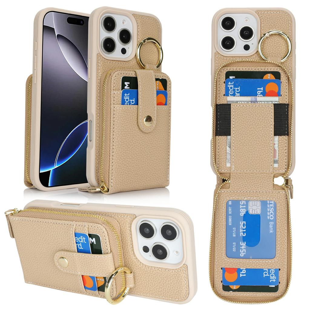 For iPhone 16 Pro Case with Zipper Pouch/Ring Kickstand/Strap Litchi Texture PU + TPU Phone Cover