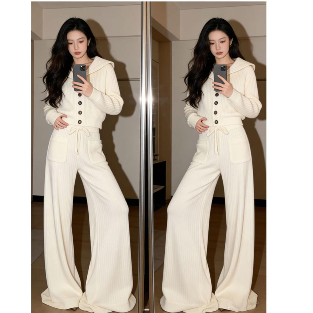 

Women s Petite Knit Cardigan and Wide-Legged Pants Set in High-grade Mao Yi with Navy Collar - Early Spring 2026 Collection L