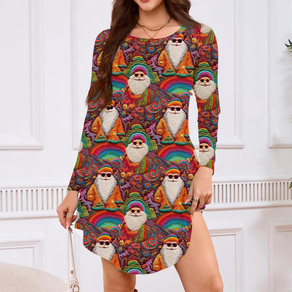 Women's Long-sleeved T-shirt Dress With Round Neck, Knee-length, Loose Fit, Casual And Pockets