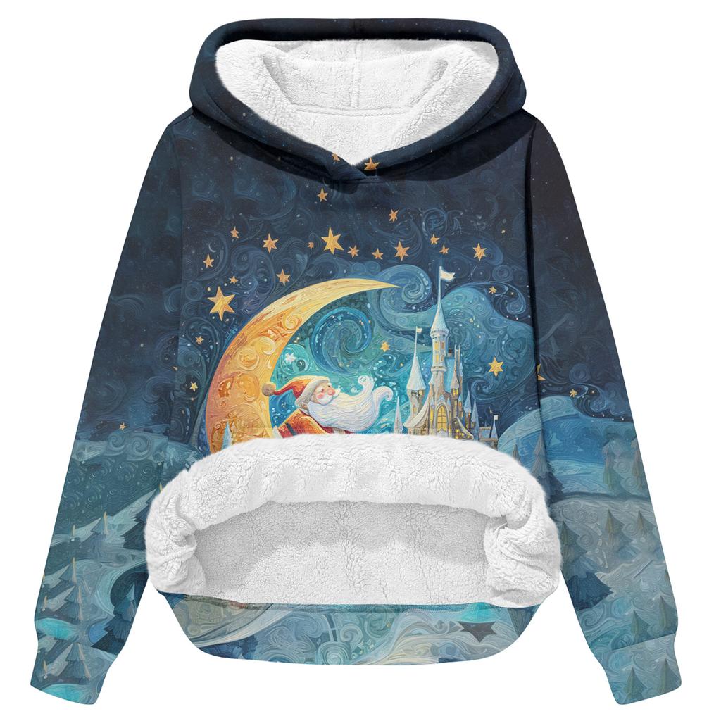 Women's Fashionable Casual Long-Sleeved Christmas Print Fleece-Lined Thick Hooded Sweatshirt