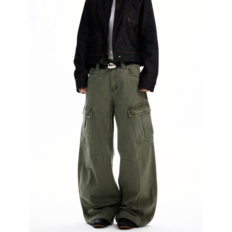 Kisko American Retro Washed Deconstructed Design Cargo Pants Unisex Trendy Loose Straight Casual Scimitar Pants