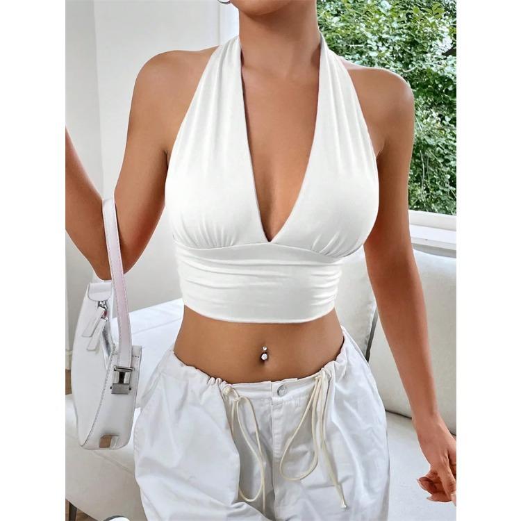 

Топ без рукавов с глубоким V-образным вырезом на шее для женщин, лето 2024, клубная вечеринка, сексуальные однотонные укороченные топы, уличная одежда 2020 года M белый