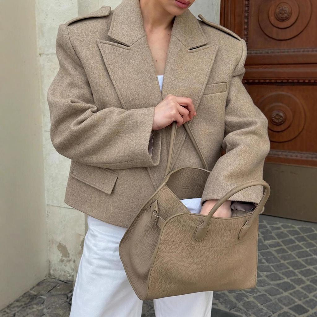 Fall Winter New Women's Loose Wool Blazer Notch Lapel Epaulette Oversized Jacket Outerwear