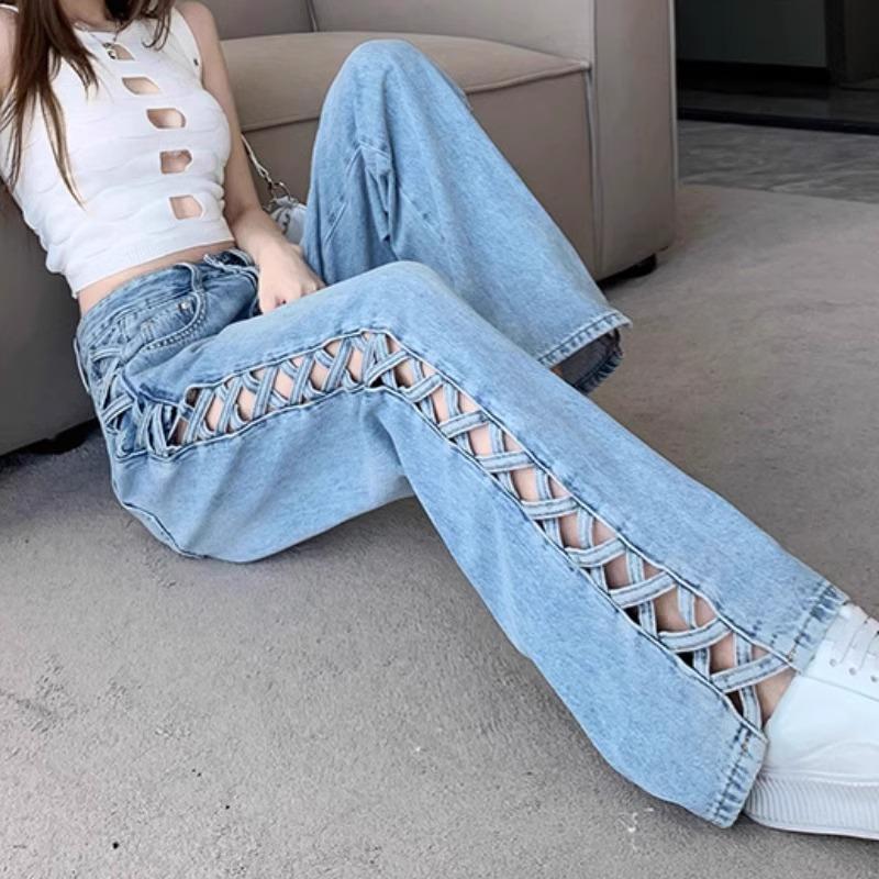 Jeans de Mamá Casual para Mujer Pantalones de Pierna Ancha con Huecos Cintura Alta Botón Cremallera Oficina Dama Sueltos Primavera Club Y2k Streetwear
