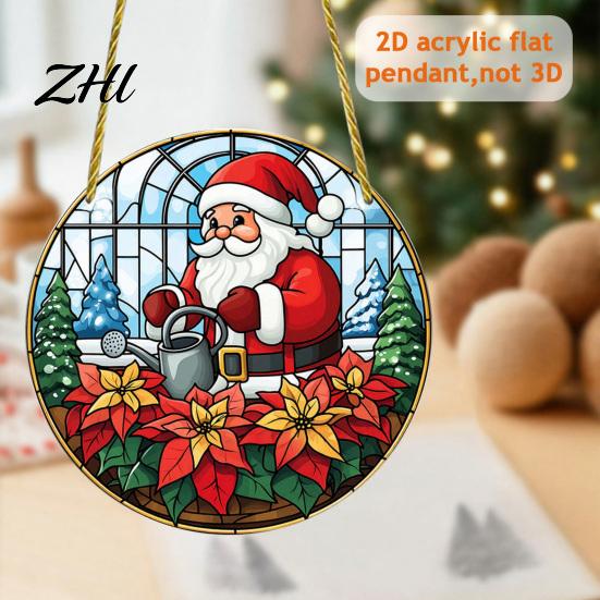 Acrylic Santa Claus Pendants Stained Glass Style Christmas Hanging Pendant, Plants Ornaments with Lanyard Double Sided Printed Xmas for Tree
