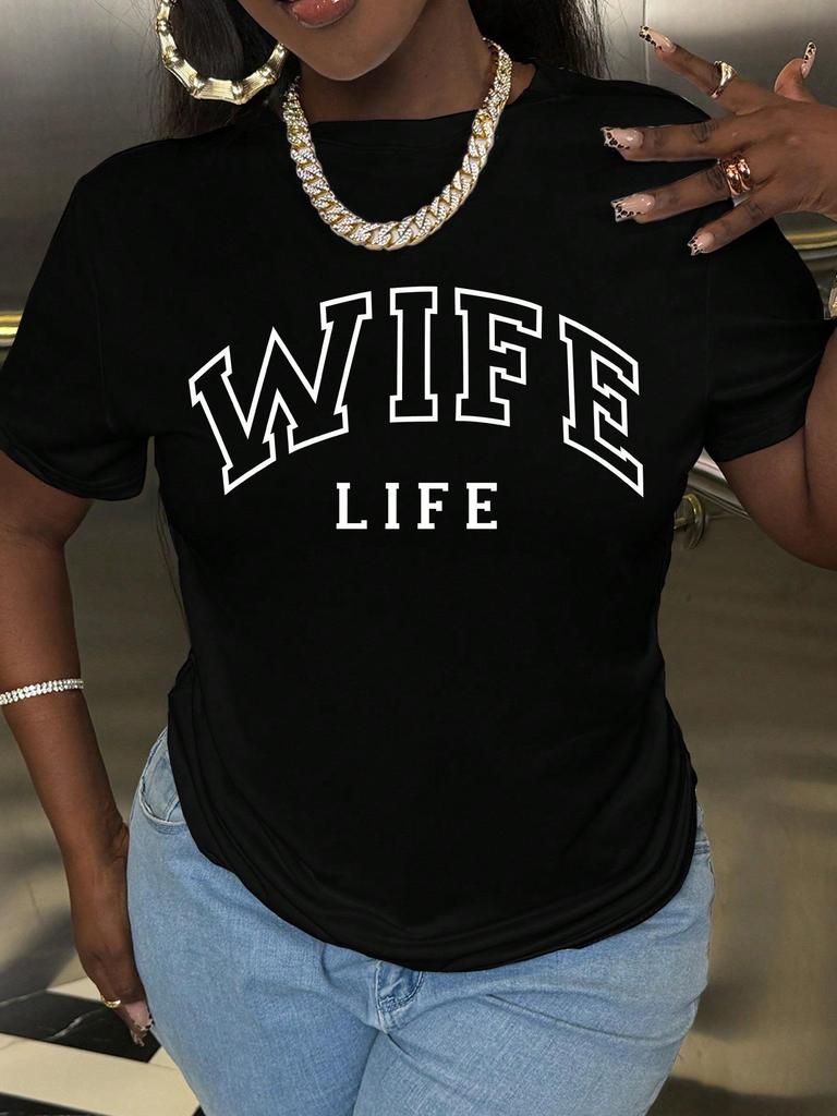 Women's Spring/Summer 2026 Casual WIFE Print Round Neck T-Shirt