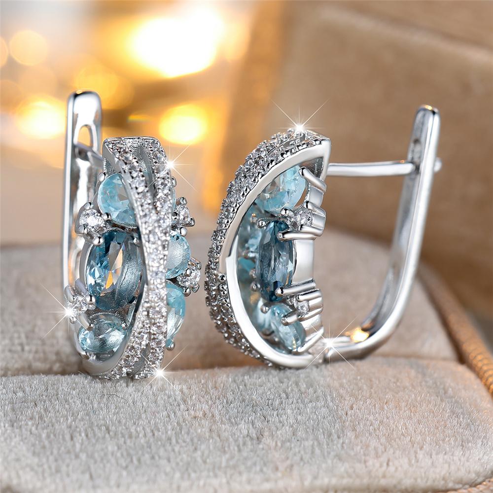 Charm Female Pink Blue Crystal Zircon Stone Hoop Earrings Silver Color Simple Wedding Jewelry For Women