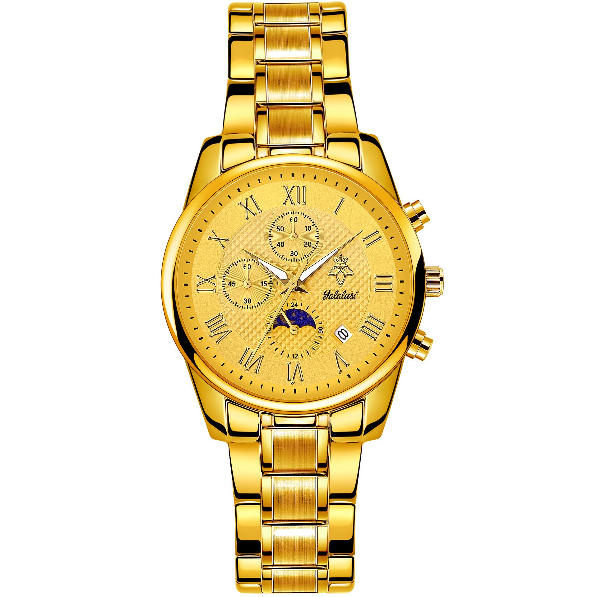 Yalalusi Luxury Gold Shell Roman Scale Multi-Function Men S Watch, Three-Eye Chronograph Waterproof Business Watch
