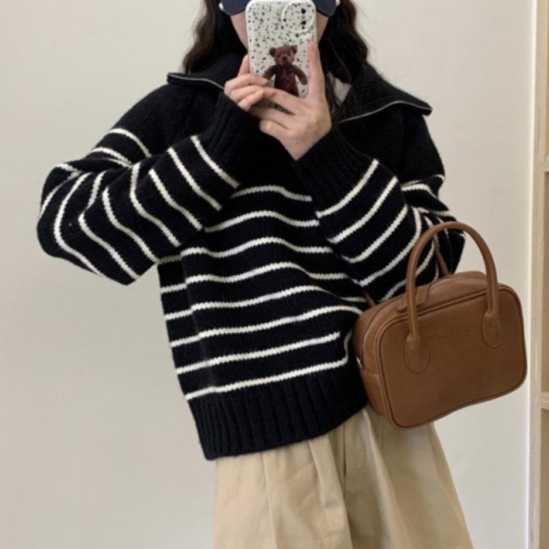 GMXIA Striped Half-zip Pullover Sweater Women's Fall/winter Loose Slouchy Thick Knitwear