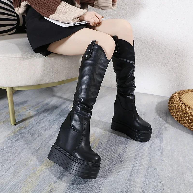 Fashion 14CM High Leather Boots Thin Legs and Sexy Fashion Winter Ribbon Muffin Thick-soled Women's Boots Womens Boots