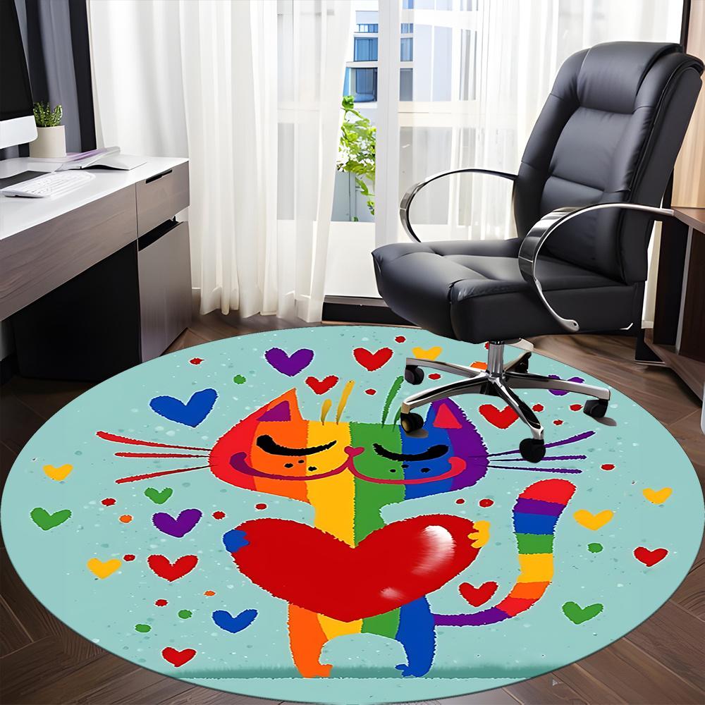 1pc Rainbow Cats Office Round Area Rug, Indoor Mat Suitable ForOffice, Under Office Chairs Bedroom Living Room Home Decor, Room Decot225