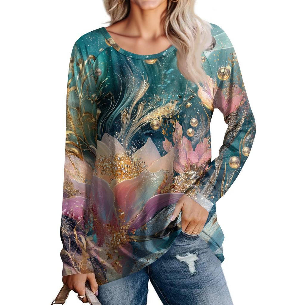 Damenmode Lässig Langarm Print Rundhals Pullover Top Bluse