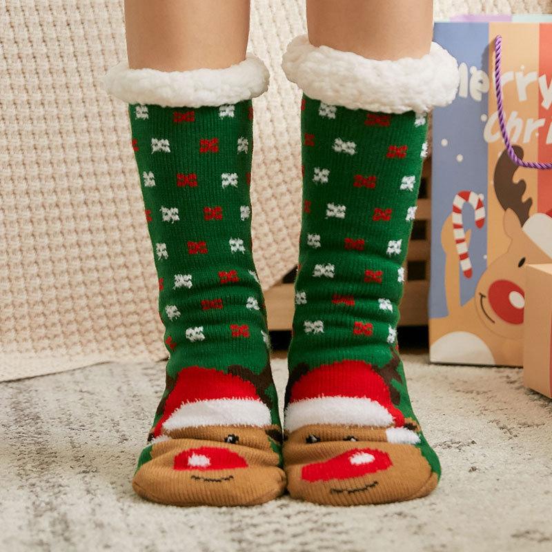 Women's Winter Velvet and Thick Christmas Glue Non Slip Home Sleeping Moon Floor Socks