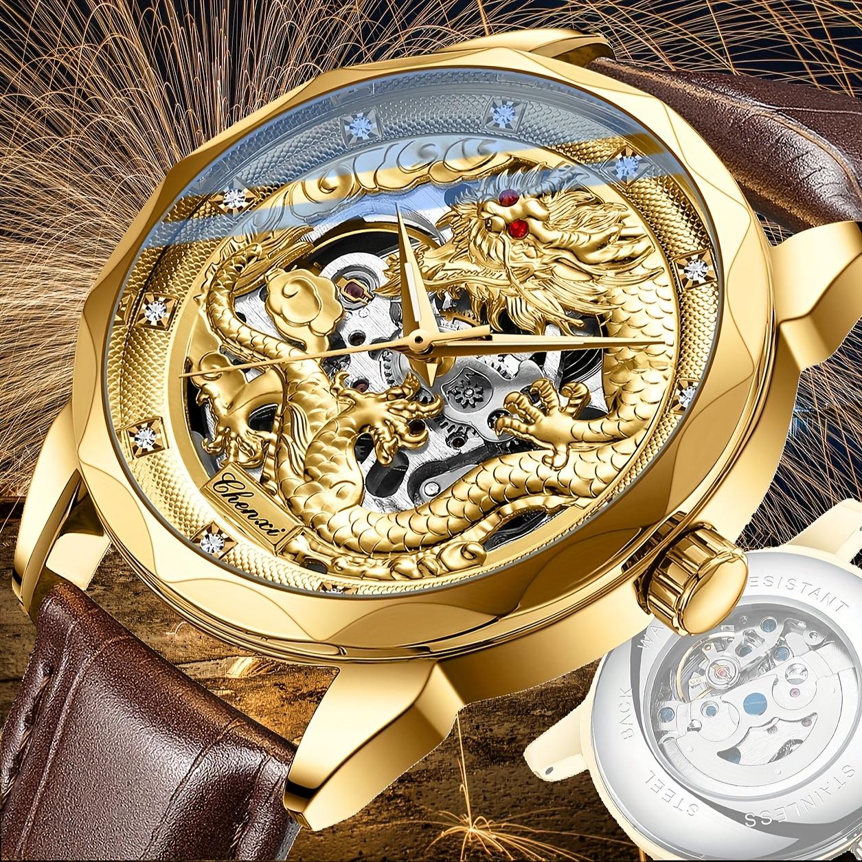 

Мужские механические часы с автоподзаводом Loong Soaring – Скелетон с китайским драконом, Светящиеся, Роскошные коричневый