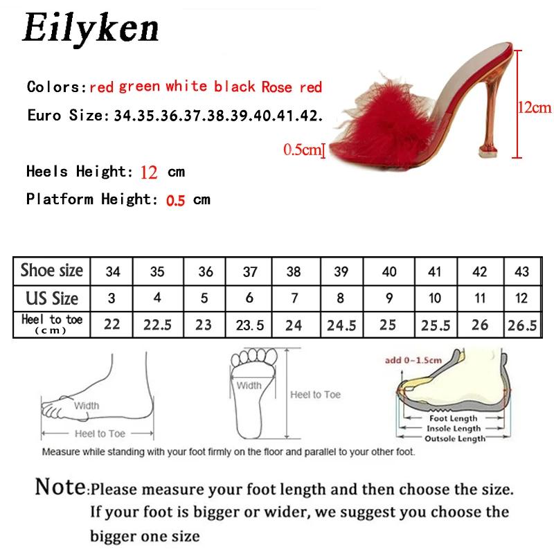 Fashion Eilyken New PVC Shoes Slippers Woman Feather Transparent High Heels Fur Pumps Square toe Mules Lady Slides