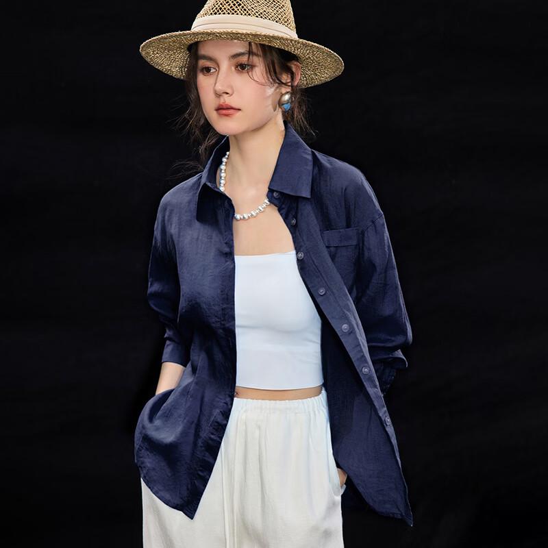 Wudao 100% Ramie Lightweight Lapel Shirt L темно-синий