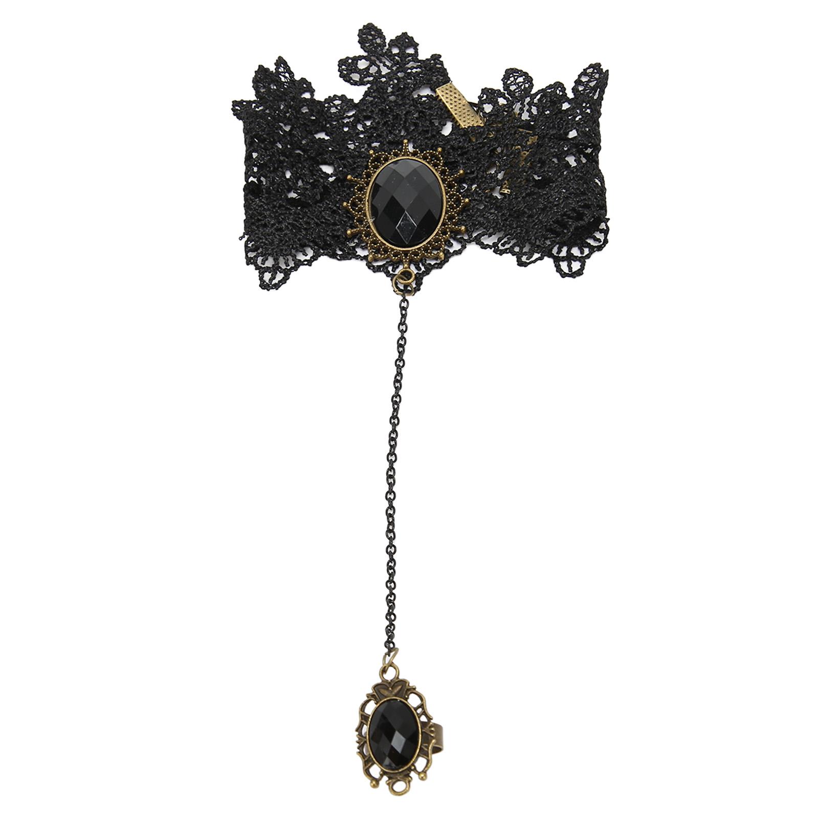 

Black Lace Bracelet with Finger Ring Lace Harness Bracelet Vintage Wristband Hand Chain for Wedding Prom Festival