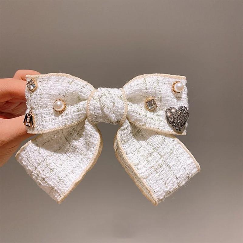 Elegant Plaid Fabric Bow Women's Pearl Rhinestones Gentle and Sexy Hair Clips Cute As Fashionable Headwear Accessories for Girls