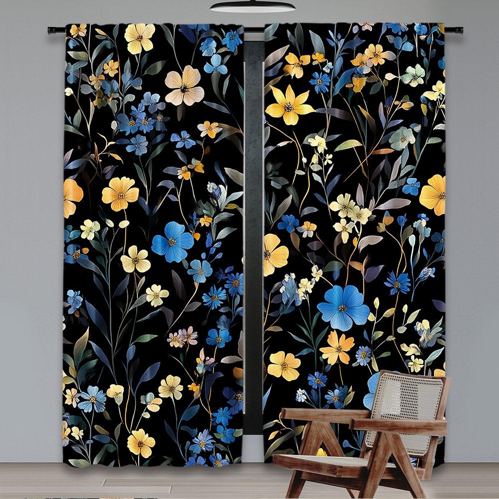 2Pcs Boho Curtain Cute Floral Black Curtain Rustic Country Flower Elegant Suitable For Bedroom Living Room Dining Room And