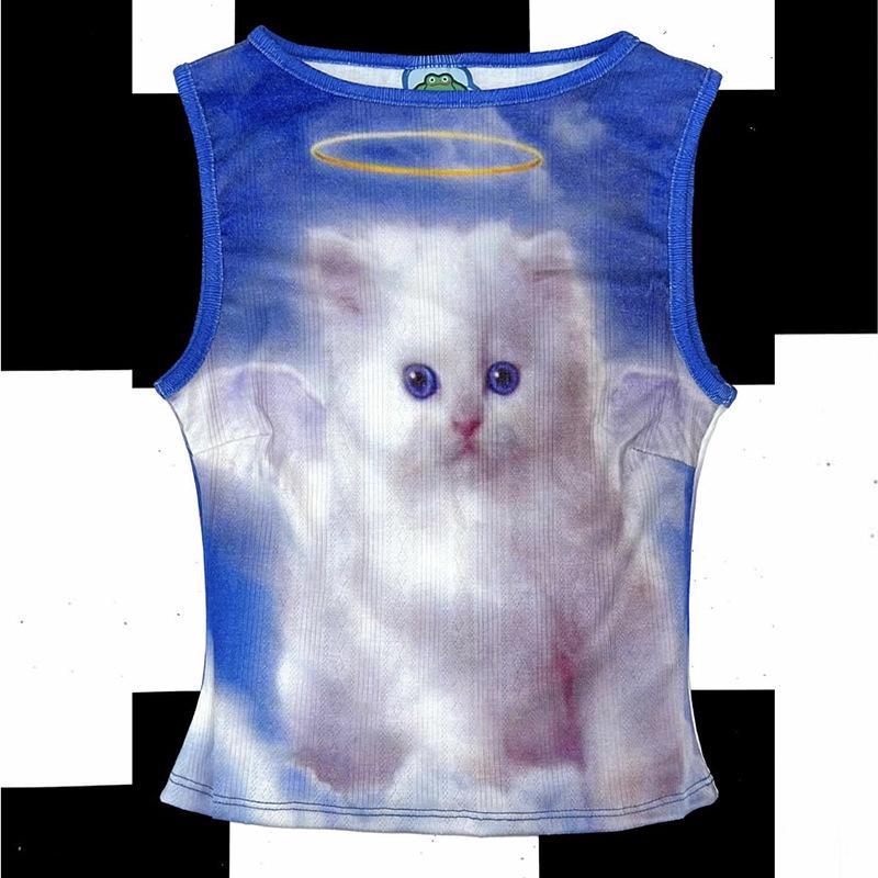 Y2K Blue Kitten Print Fitted Vest Top