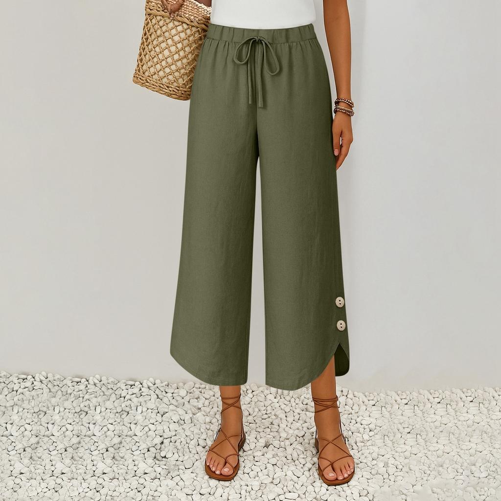 Damen Modische Einfarbige Baumwolle und Leinen Kordelzug Elastischer Bund Tasche Neunpunkt Freizeithose