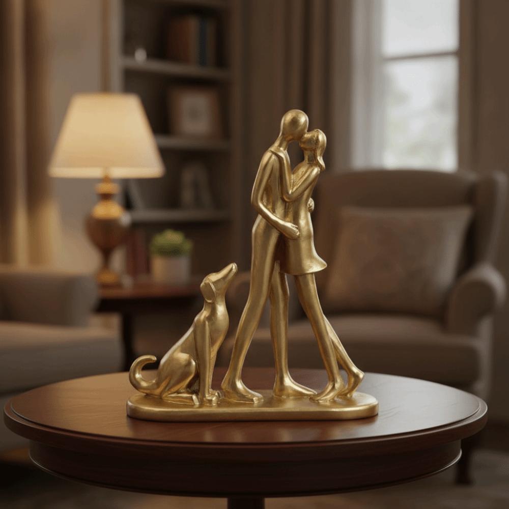 A Family of Three Girl and Dog Statues Creative Couple Nordic-Style Ornaments Cute Synthetic Resin Desktop Dog Figurine