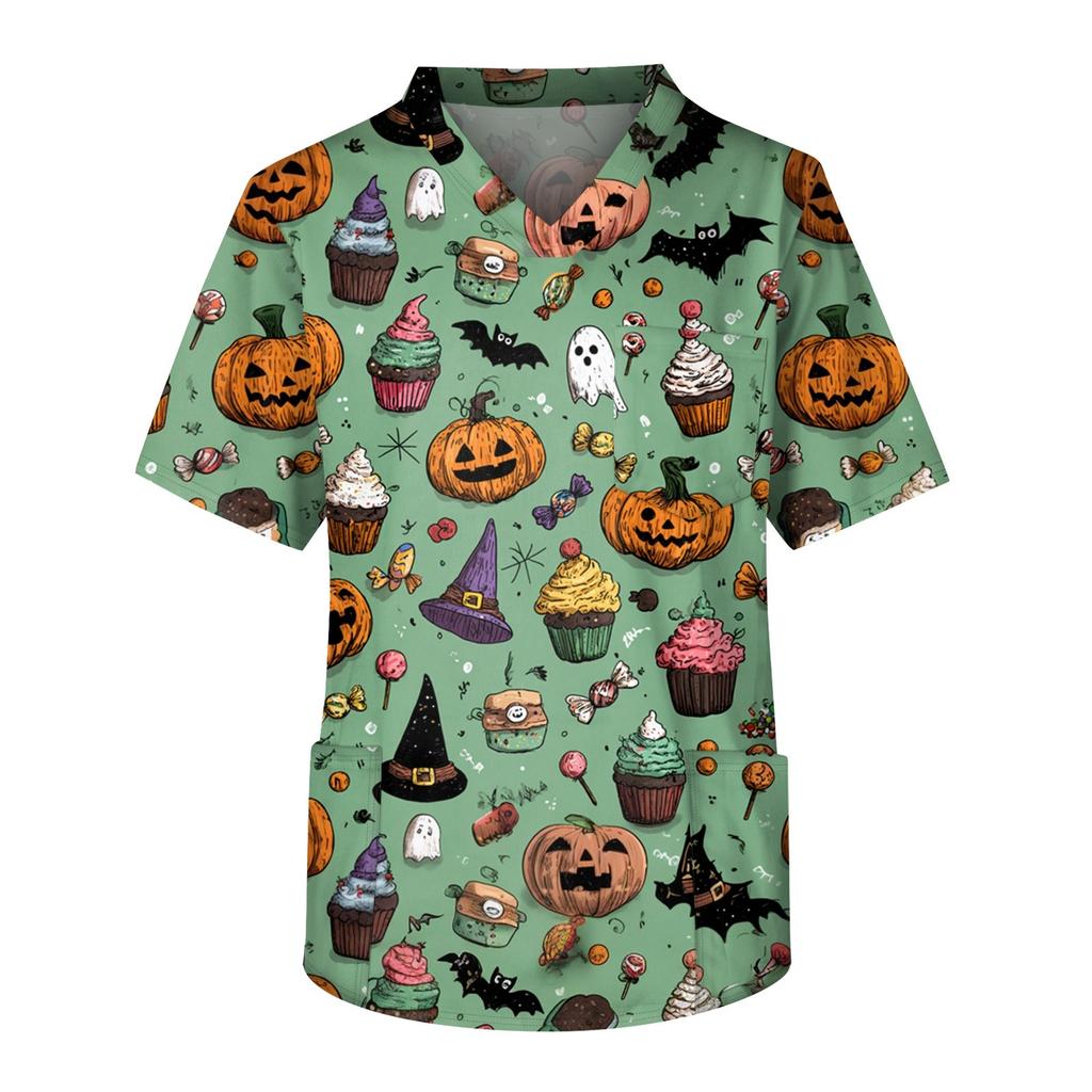 Men's Short Sleeve V-Neck Halloween Print Chest Pocket Care Top