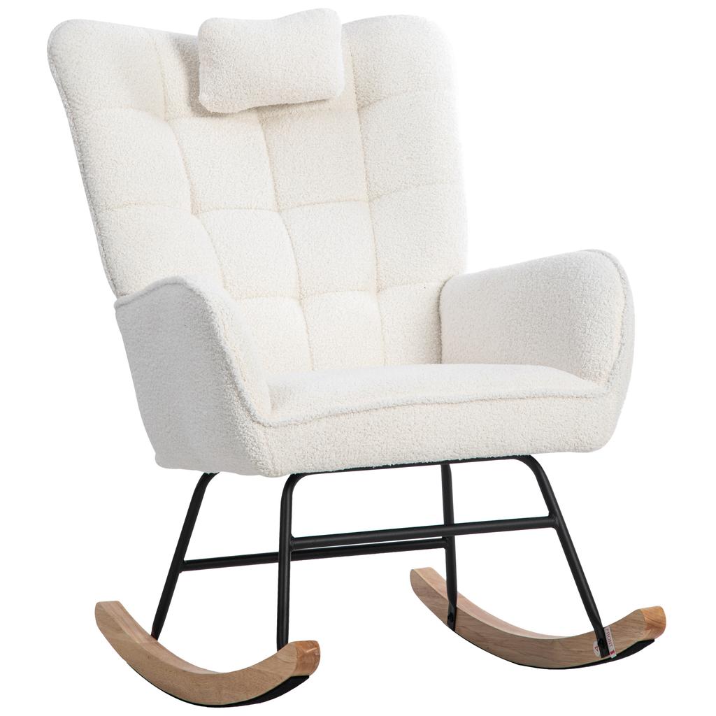 Ergonomic 92 cm High White Rocking Chair, Seat Width 65 cm - incl. 1 Pillow and 1 Footstool (49*38*38 cm), Rubberwood Base, Max. Load Capacity 250 lbs