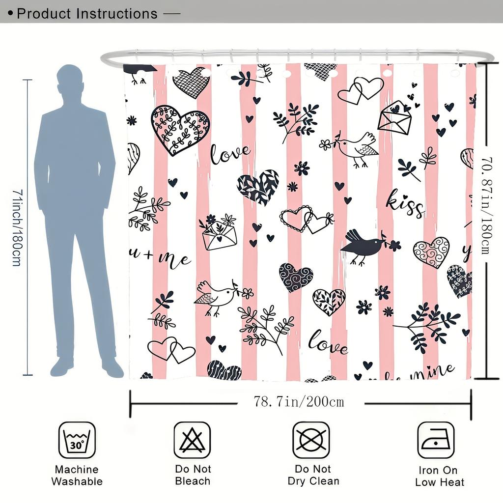 1pc Romantic Valentine's Day Pink Striped Cartoon Pattern Digital Print Shower Curtain, Bathroom Decor with Free Hooks, Machine