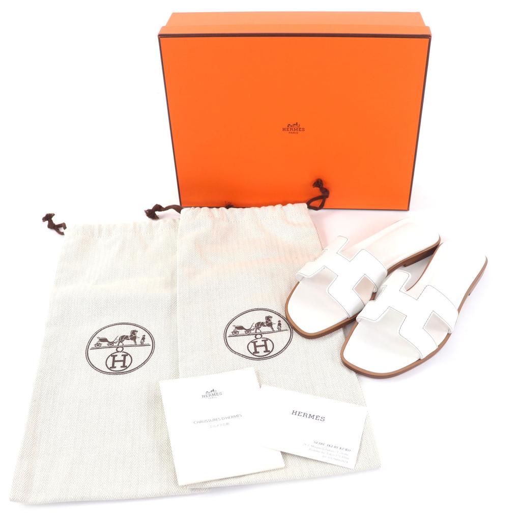 Pristine HERMES Sandals Sandals Oran White Box Scarf Leather Women 34.5 Used