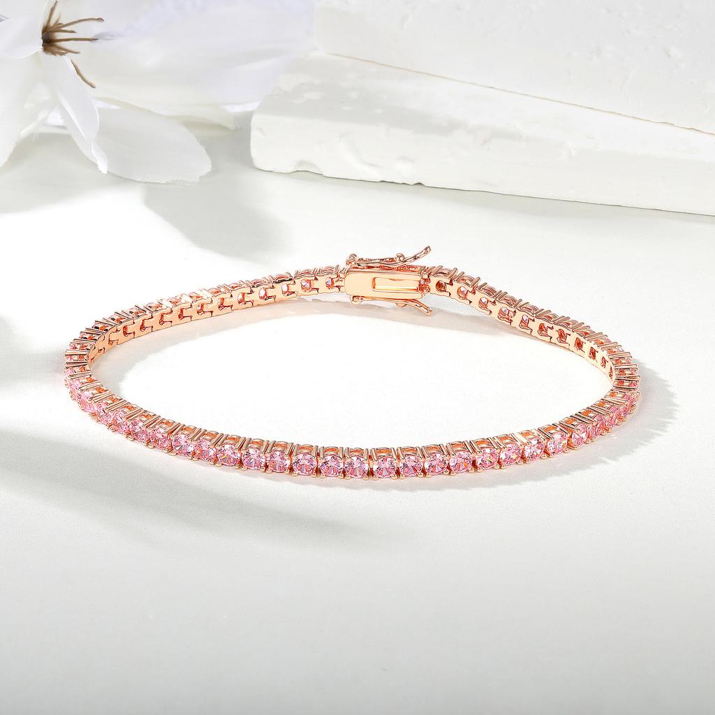 A copper inlaid 18k gold rose gold pink white zircon diamond tennis bracelet