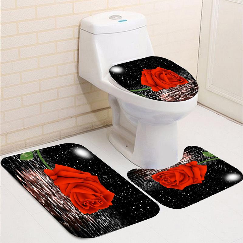 3D Rose Flower Shower Curtain Set Non-Slip Rugs Bath Mat Toilet Lid Cover and 12 Hooks Waterproof Polyester Bathroom Decor