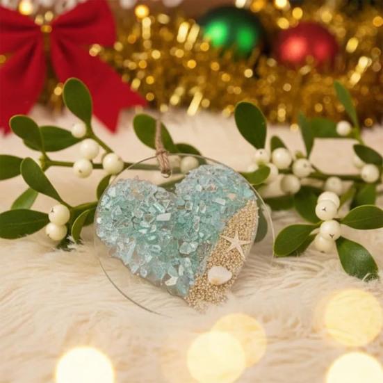 Christmas Sea Glass Heart Ornament Handmade Home Office Holiday Party Xmas Tree Acrylic Seaglass Art Hanging Decoration Pendant
