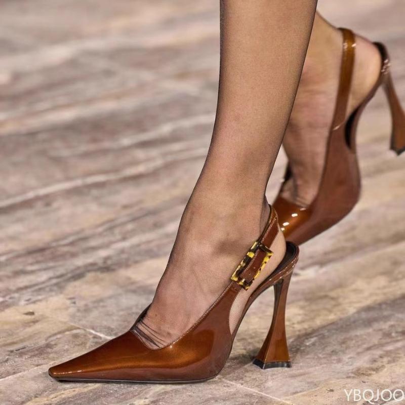New Women's Baoto Sandals Pointed Back Empty Single Shoe Lacquer Leather Sexy High Heels Black Ladies Slim Heel Shoes Zapatos