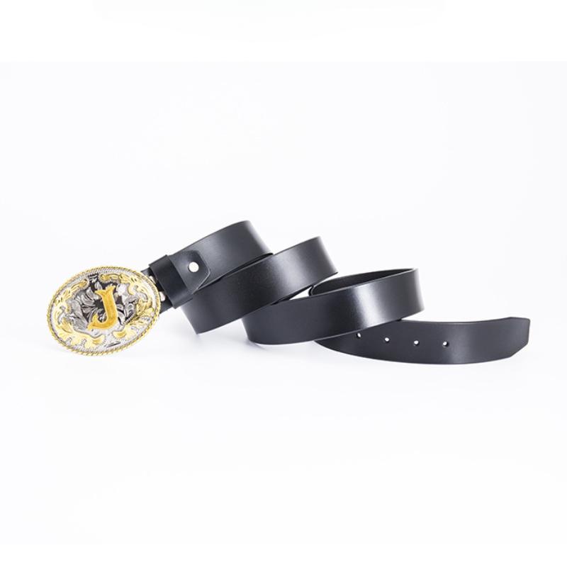 Whole Cowhide Retro Men's Belt Letter L Gold and Silver Two-color Oval Buckle Belt Men