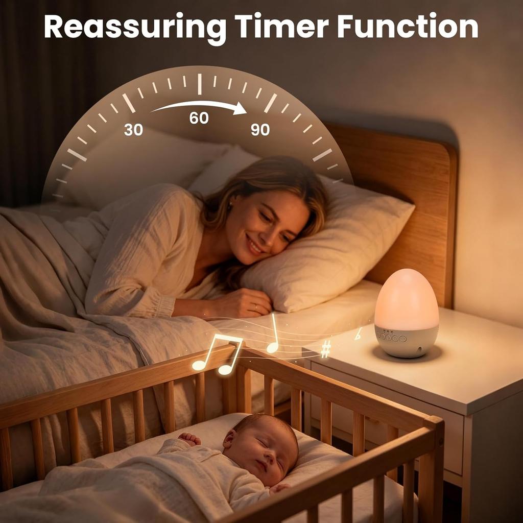 Ei-Licht für Kinderzimmer, Ei-Nachtlicht mit 30 Geräuschkulissen, 30/60/90 Min. Timer, BPA-frei, Wiederaufladbares Kinderzimmer-Nachtlicht mit 2 Lichteffekten