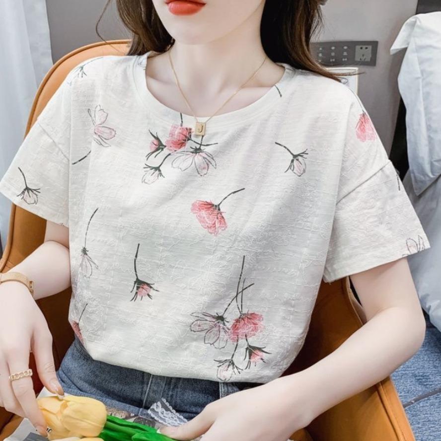 YYFS Blusas y camisas de manga corta con cuello redondo y estampado de flores informales para verano y primavera para mujer