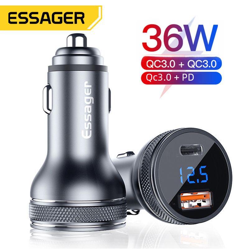 

ESSAGER King Kong Dual-Port 36W Car Charger with Digital Display, Aluminum Alloy, Fast Charging for Car Cigarette Lighters.