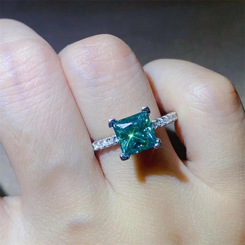 Rose Gold Princess Cut Green Moissanite Ring with AU750 Rose Gold Plating and Certificate
