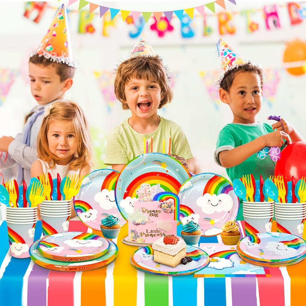 141pcs Rainbow Party Supplies,Rainbow Party Tableware Set - Rainbow Plates Cups Napkins Table Cloths for Baby Shower, Rainbow Birthday Party Supplies