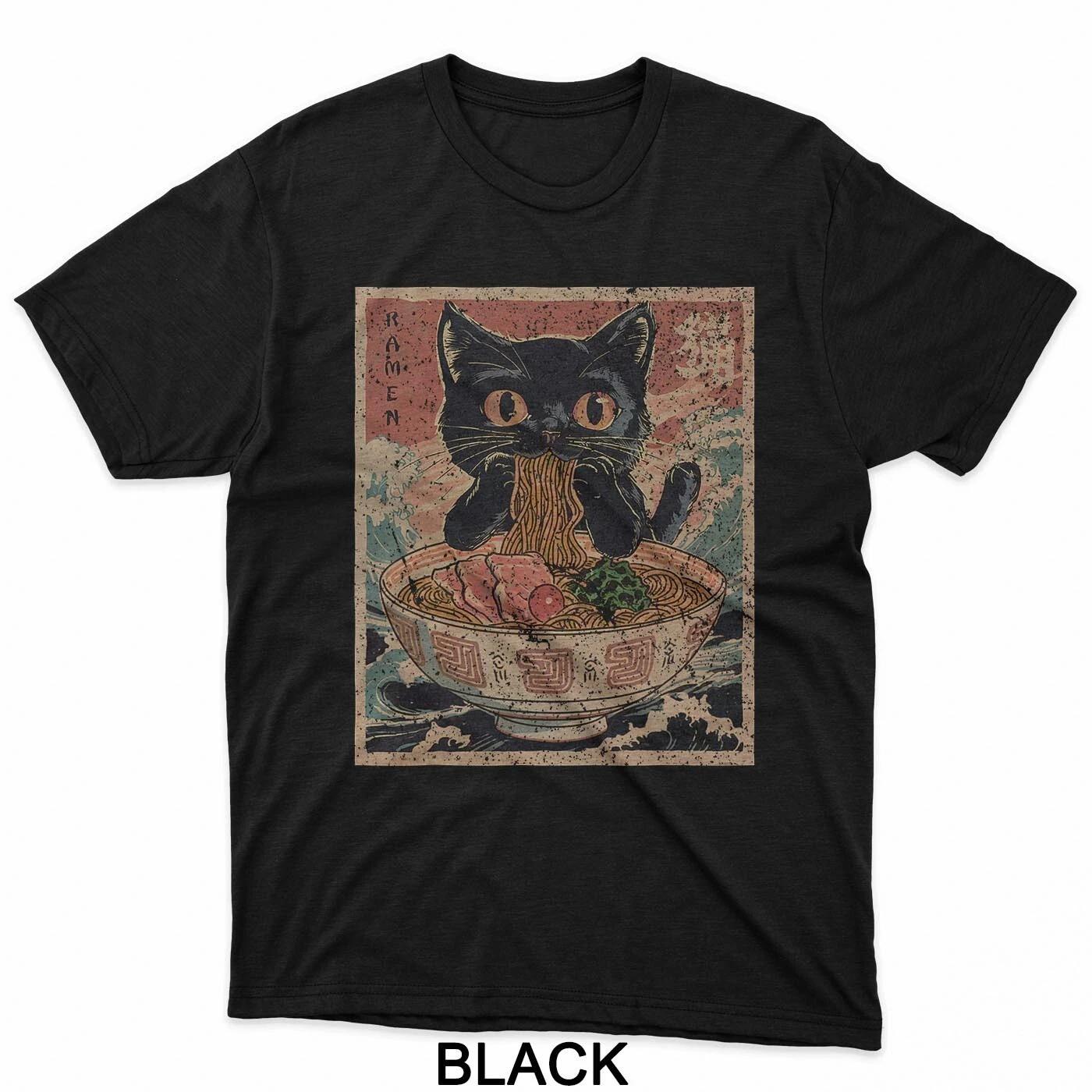 Anime Cat Ramen Japanese Funny Graphic Tees Kawaii Cat Anime T-Shirt L