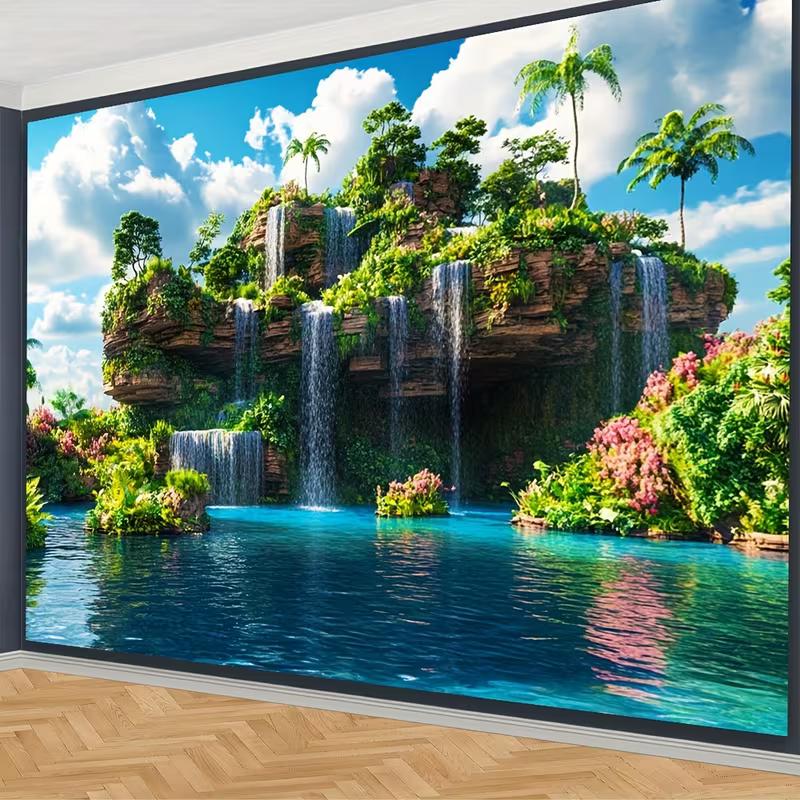 

2D Paradise Waterfall Backdrop, Tropical Island Lake Scenery Background Cloth for Photography 47.2x31.5inch/120*80cm