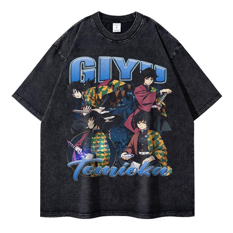 Nezuko T Shirts Vintage Washed Anime Kimetsu No Yaiba T-shirt Oversized Short Sleeve Demon Slayer Mitsuri Tokitou Tops Tees Men