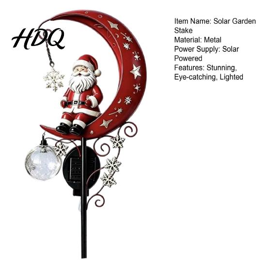 Waterproof Metal Path Light 31 Inch Solar-Powered Christmas Garden Stake Light Santa Claus On A Moon LED Pathway Decorative Yard with Snowflake