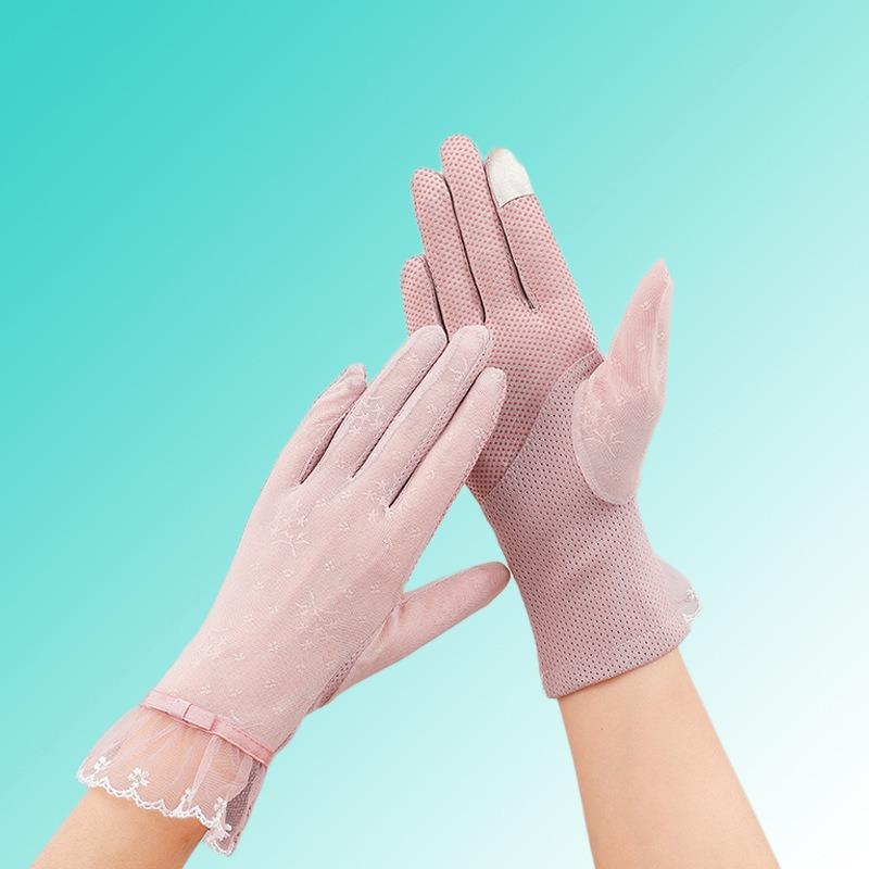 Sunscreen gloves New women's spring and summer driving riding lace thin UV protection touch screen ice silk gloves