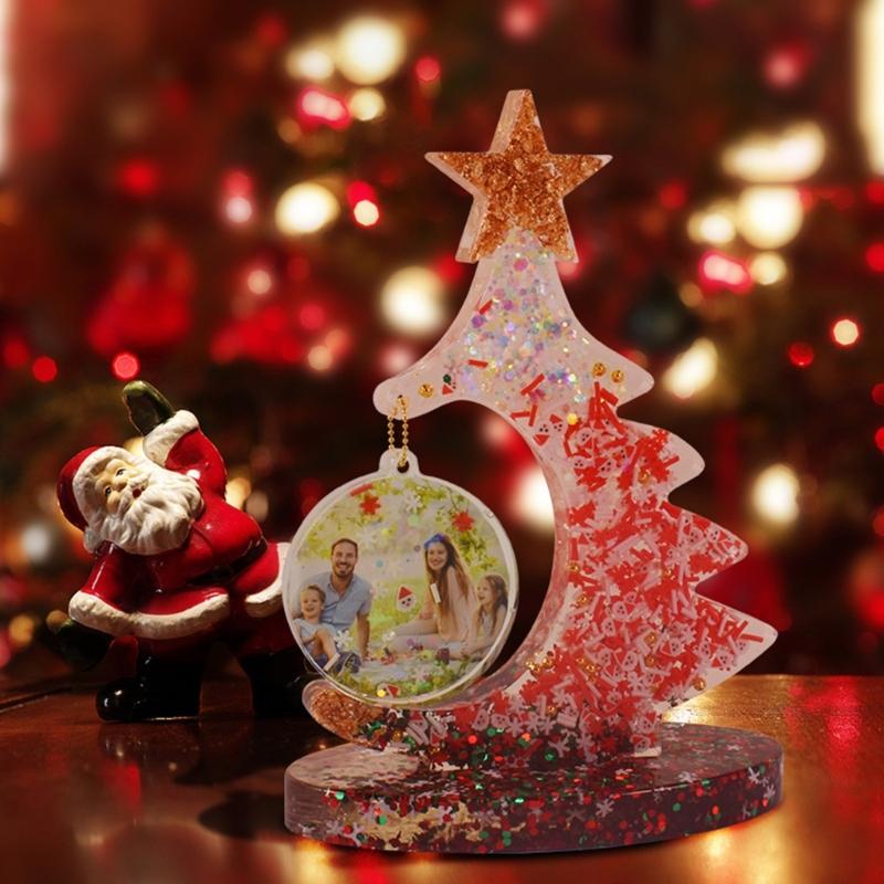 Crystal Epoxy Resin Christmas Tree Picture Frame Set Silicone Mold with Support Base for Resin Crafts Making Supplies