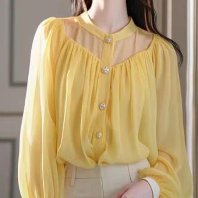 

Желтая очаровательная шифоновая блузка женская осенняя легкая роскошная высококлассная уникальная красивая сказочная кофточка 2XL