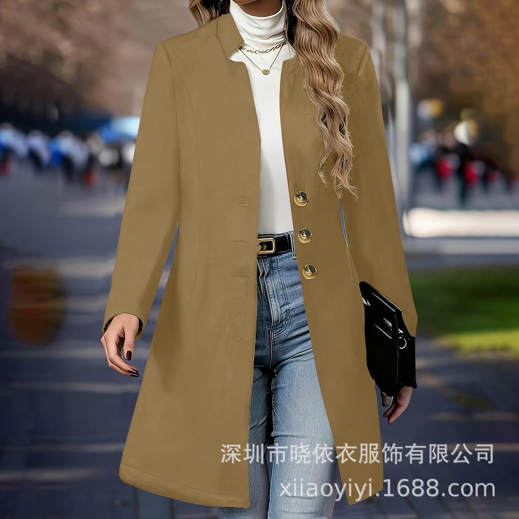 Cappotto Lungo in Lana da Donna con Collo Alto a Doppiopetto Autunno Inverno Colore Unico Ampio Lunghezza Media Blazer Capospalla