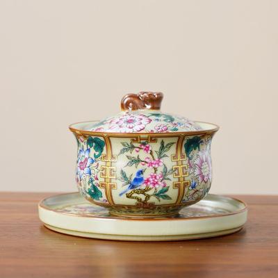 Ru Kiln Gaiwan Tesett 180ml, Ruyi Blomstret Keramisk Tekopp med Lokk og Undertaller